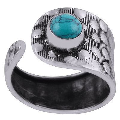 Alluring Textured Work Around Turquoise Round Shape 925 Sterling Solid Silver Ring - R3403043-3