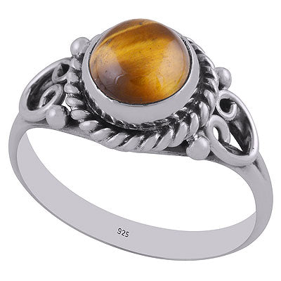 Alluring Twisted Rawa Work Around Tiger's Eye Round Shape 925 Sterling Solid Silver Ring - R3403048-11