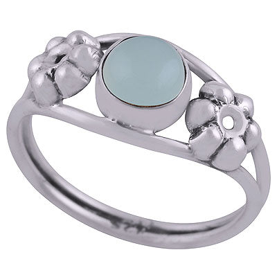 Beautiful Embossed Flower Work Around Aqua Chalcedony Round Shape 925 Sterling Solid Silver Ring - R3403050-11