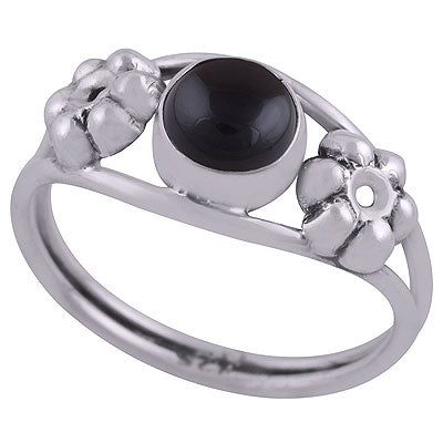 Beautiful Embossed Flower Work Around Black Onyx Round Shape 925 Sterling Solid Silver Ring - R3403050-16