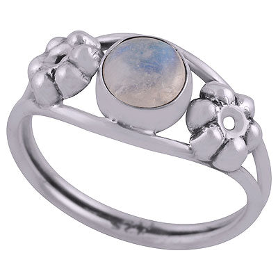 Beautiful Embossed Flower Work Around Rainbow Moonstone Round Shape 925 Sterling Solid Silver Ring - R3403050-4