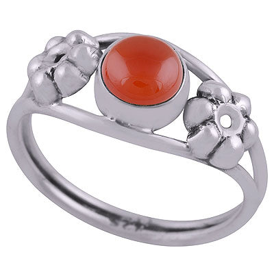 Beautiful Embossed Flower Work Around Carnelian Round Shape 925 Sterling Solid Silver Ring - R3403050-7