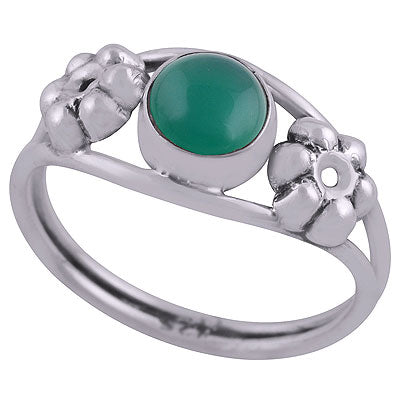 Beautiful Embossed Flower Work Around Green Onyx Round Shape 925 Sterling Solid Silver Ring - R3403050-8
