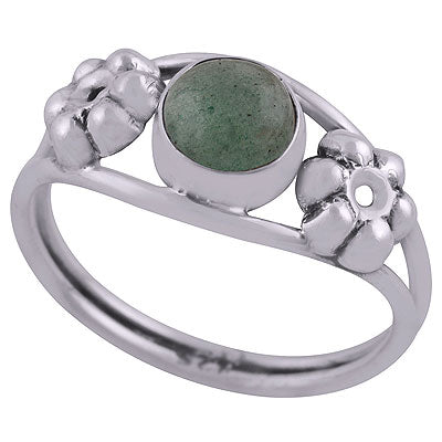 Beautiful Embossed Flower Work Around Green Aventurine Round Shape 925 Sterling Solid Silver Ring - R3403050-9