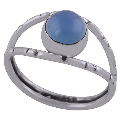 Stunning Textured Oxidised Split Shank Around Blue Chalcedony Round Shape 925 Sterling Solid Silver Ring - R3403051-10