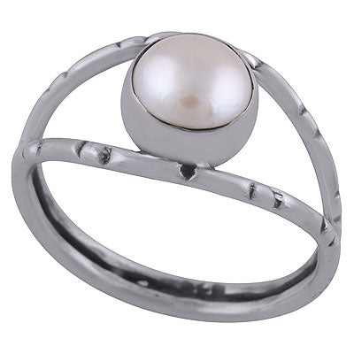 Stunning Textured Oxidised Split Shank Around Pearl Round Shape 925 Sterling Solid Silver Ring - R3403051-15