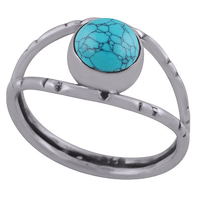 Stunning Textured Oxidised Split Shank Around Turquoise Round Shape 925 Sterling Solid Silver Ring - R3403051-3