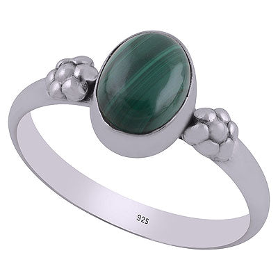 Beautiful Embossed Flower Work Around Malachite Oval Shape 925 Sterling Solid Silver Ring - R3403056-12