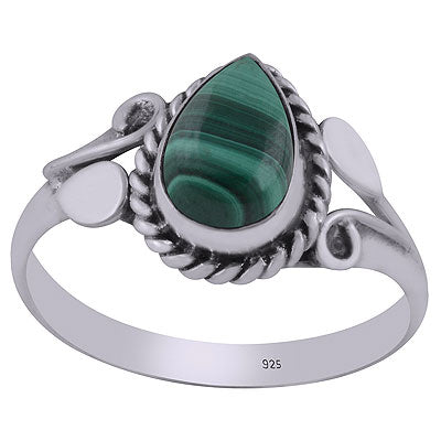 Gorgeous Handcrafted Pattern Around Malachite Pear Shape 925 Sterling Solid Silver Ring - R3403058-12