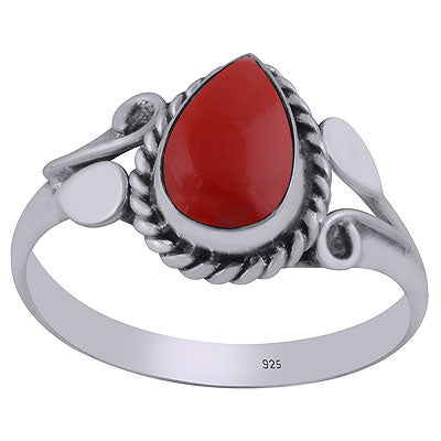 Gorgeous Handcrafted Pattern Around Coral Pear Shape 925 Sterling Solid Silver Ring - R3403058-13