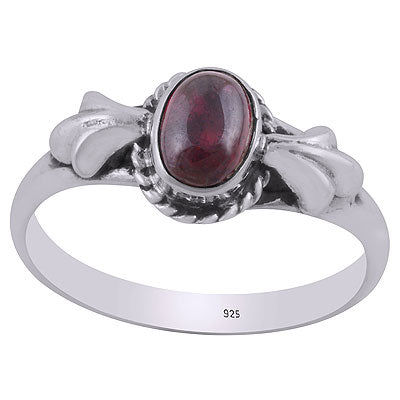Gorgeous Leaf Embossed Work Around Garnet Oval Shape 925 Sterling Solid Silver Ring - R3403065-2