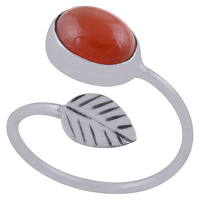 Stunning Textured Leaves Embossed Around Carnelian Oval Shape 925 Sterling Solid Silver Ring - R3403070-7