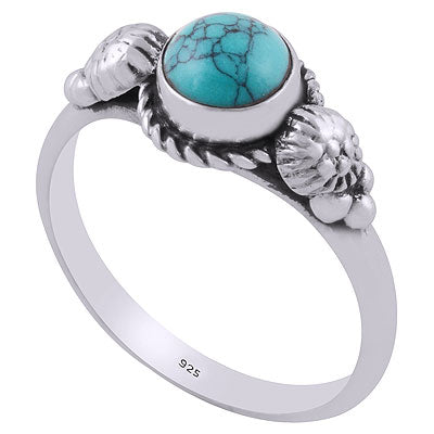 Stunning Oxidised Handcrafted Work Around Turquoise Round Shape 925 Sterling Solid Silver Ring - R3403078-2
