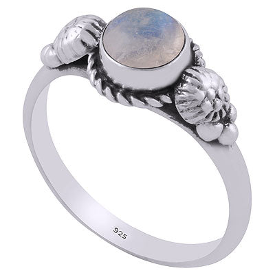 Stunning Oxidised Handcrafted Work Around Rainbow Moonstone Round Shape 925 Sterling Solid Silver Ring - R3403078-3