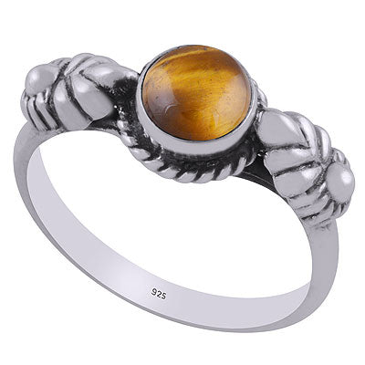Alluring Embossed Handcrafted Work Around Tiger's Eye Round Shape 925 Sterling Solid Silver Ring - R3403080-5