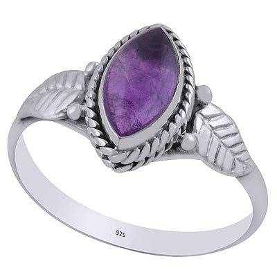 Alluring Textured Leaf Around Amethyst Marquise Shape 925 Sterling Solid Silver Ring - R3403082-1