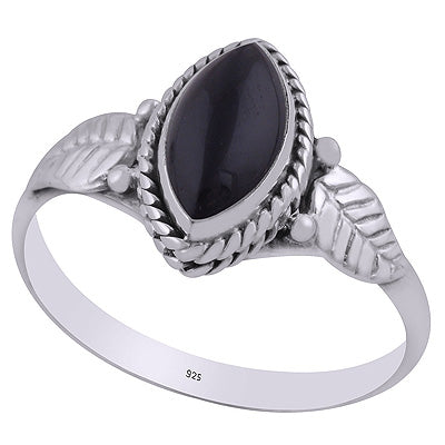 Alluring Textured Leaf Around Black Onyx Marquise Shape 925 Sterling Solid Silver Ring - R3403082-15