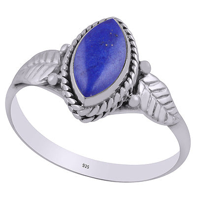 Alluring Textured Leaf Around Lapis Marquise Shape 925 Sterling Solid Silver Ring - R3403082-6