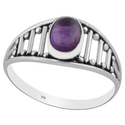 Beautiful Handcrafted Pattern Around Amethyst Oval Shape 925 Sterling Solid Silver Ring - R3403085-1