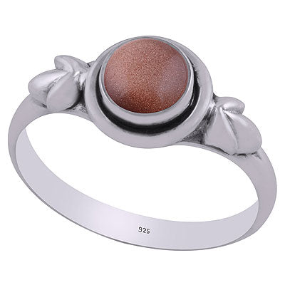 Beautiful Leaf Work Around Golden Sun Stone Round Shape 925 Sterling Solid Silver Ring - R3403095-8