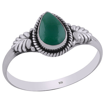 Alluring Embossed Leaf Work Around Green Onyx Pear Shape 925 Sterling Solid Silver Ring - R3403097-7