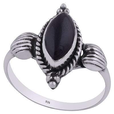 Alluring Embossed Rawa Work Around Black Onyx Marquise Shape 925 Sterling Solid Silver Ring - R3403099-14