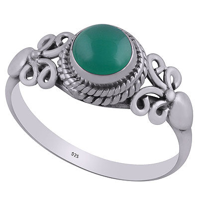 Alluring Handcrafted Work Around Green Onyx Round Shape 925 Sterling Solid Silver Ring - R3403107-6