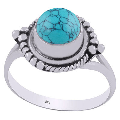 Stunning Twisted Wire & Rawa Work Around Turquoise Round Shape 925 Sterling Solid Silver Ring - R3403135-3