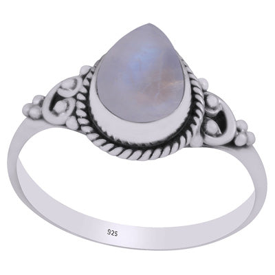 Beautifully Handcrafted Twisted Wire Work Around Rainbow Moonstone Pear Shape 925 Sterling Solid Silver Ring - R3403143-4