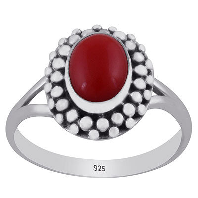 Gorgeous Rawa Work Pattern Around Coral Oval Shape 925 Sterling Solid Silver Ring - R3403150-12