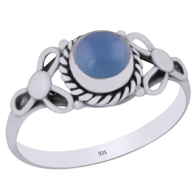 Alluring Handcrafted Pattern Around Blue Chalcedony Round Shape 925 Sterling Solid Silver Ring - R3403151-16