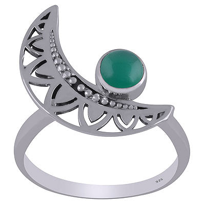 Gorgeous Crescent Moon Around Green Onyx Round Shape 925 Sterling Solid Silver Ring - R3403159-38