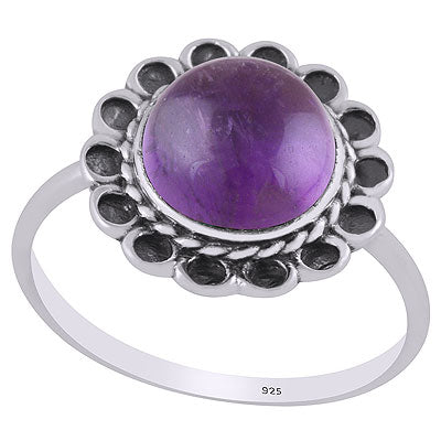Stunning Oxidised Flower Around Amethyst Round Shape 925 Sterling Solid Silver Ring - R3403188-1