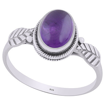 Alluring Textured Leaf Around Amethyst Oval Shape 925 Sterling Solid Silver Ring - R3403225-1