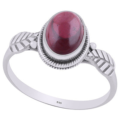 Alluring Textured Leaf Around Garnet Oval Shape 925 Sterling Solid Silver Ring - R3403225-2