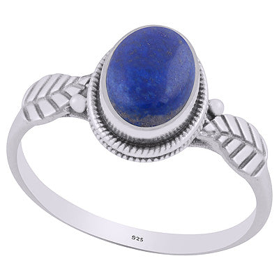 Alluring Textured Leaf Around Lapis Oval Shape 925 Sterling Solid Silver Ring - R3403225-6