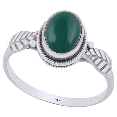 Alluring Textured Leaf Around Green Onyx Oval Shape 925 Sterling Solid Silver Ring - R3403225-8