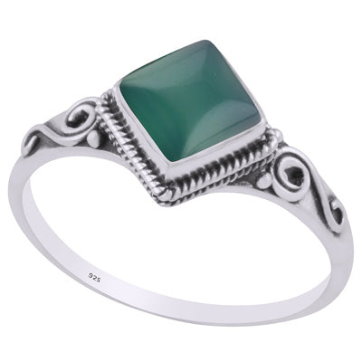 Beautiful Handcrafted Work Around Green Onyx Rhombus Shape 925 Sterling Solid Silver Ring - R3403230-8