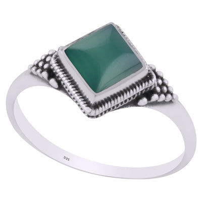 Alluring Rawa Work Around Green Onyx Rhombus Shape 925 Sterling Solid Silver Ring - R3403231-8