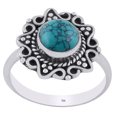 Alluring Oxidised Wire & Rawa Work Around Turquoise Round Shape 925 Sterling Solid Silver Ring - R3403237-3