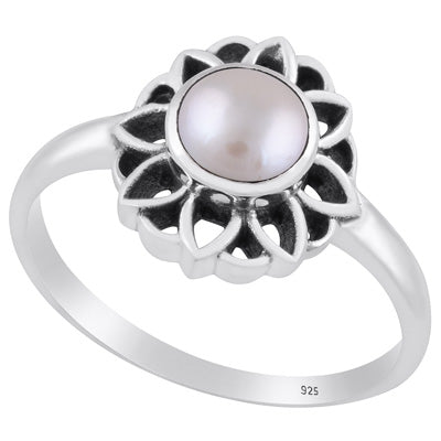 Gorgeous Oxidised Flower Work Pearl Round Shape 925 Sterling Solid Silver Ring - R3403241-12