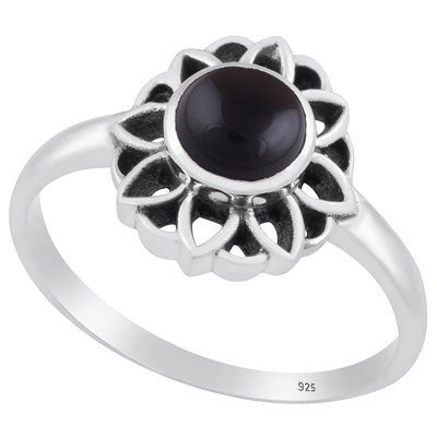 Gorgeous Oxidised Flower Work Black Onyx Round Shape 925 Sterling Solid Silver Ring - R3403241-13
