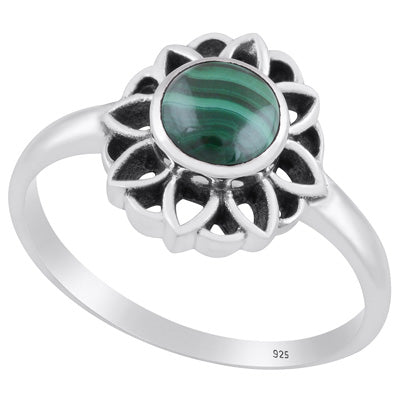 Gorgeous Oxidised Flower Work Malachite Round Shape 925 Sterling Solid Silver Ring - R3403241-15