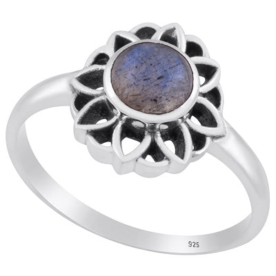 Gorgeous Oxidised Flower Work Labradorite Round Shape 925 Sterling Solid Silver Ring - R3403241-5
