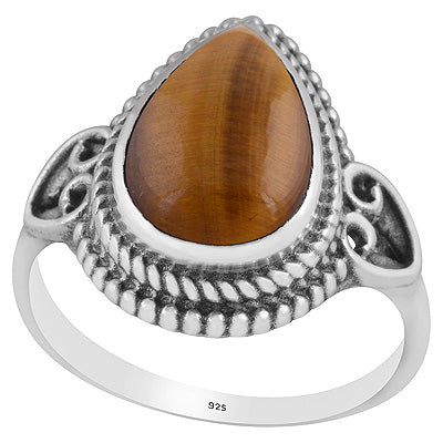 Beautiful Rawa Work Around Tiger's Eye Pear Shape 925 Sterling Solid Silver Ring - R3403247-11