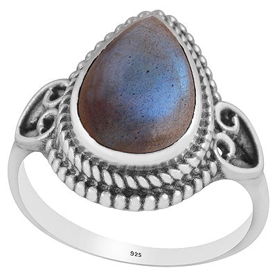Beautiful Rawa Work Around Labradorite Pear Shape 925 Sterling Solid Silver Ring - R3403247-5