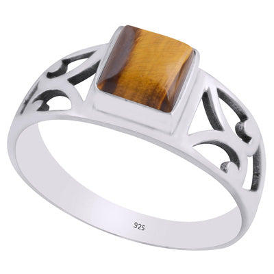 Alluring Cut Work Around Tiger's Eye Square Shape 925 Sterling Solid Silver Ring - R3403248-11