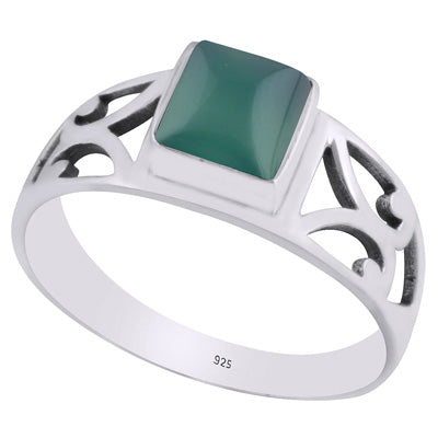 Alluring Cut Work Around Green Onyx Square Shape 925 Sterling Solid Silver Ring - R3403248-8
