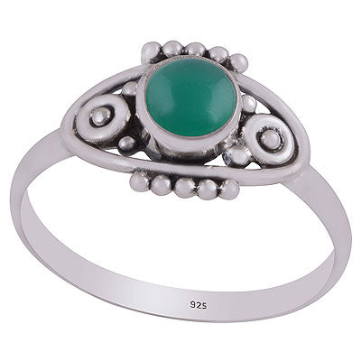 Alluring Handcrafted Rawa Work Around Green Onyx Round Shape 925 Sterling Solid Silver Ring - R3403302-8