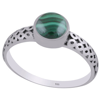 Alluring Oxidised Handcrafted Work Around Malachite Round Shape 925 Sterling Solid Silver Ring - R3403307-12
